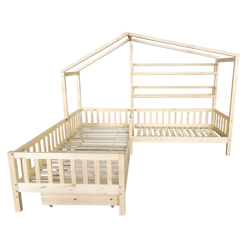 Casa si Gradina - Mobilier - Paturi si accesorii - Paturi - Pat cu somiera pentru 2 copii, 90x200+70x140 cm, natural, ENOLA - Infinity.ro