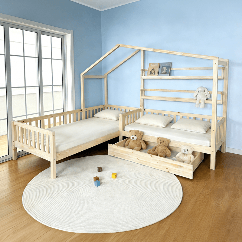 Casa si Gradina - Mobilier - Paturi si accesorii - Paturi - Pat cu somiera pentru 2 copii, 90x200+70x140 cm, natural, ENOLA - Infinity.ro