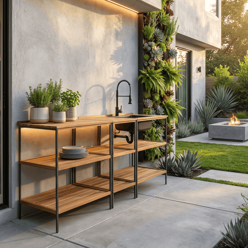Casa si Gradina - Gradina si terasa - Mobilier exterior - Seturi mobila gradina - Bucatarie pentru gradina din 3 piese cu chiuveta, lemn de salcam, natural/gri, FLAVIA - Infinity.ro