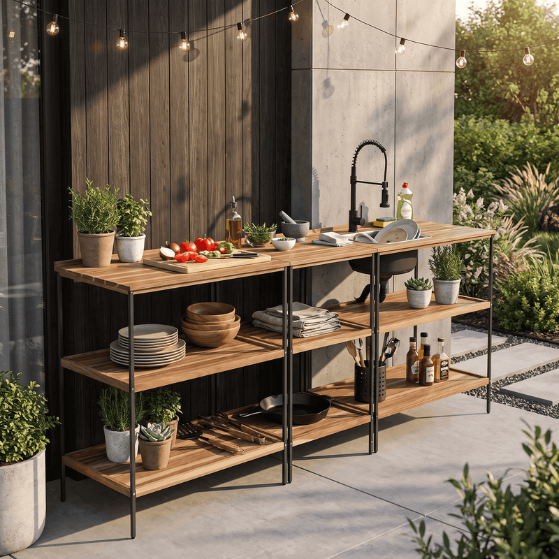 Casa si Gradina - Gradina si terasa - Mobilier exterior - Seturi mobila gradina - Bucatarie pentru gradina din 3 piese cu chiuveta, lemn de salcam, natural/gri, FLAVIA - Infinity.ro