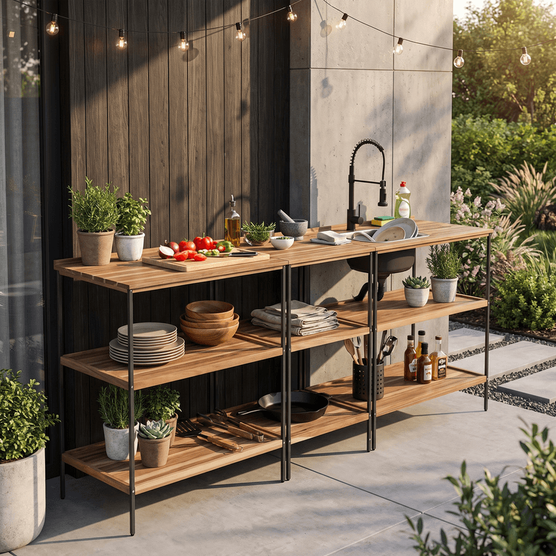 Casa si Gradina - Gradina si terasa - Mobilier exterior - Mese gradina - Insula de bucatarie pentru gradina cu chiuveta, lemn de salcam/gri, FLAVIA TYP 1 - Infinity.ro