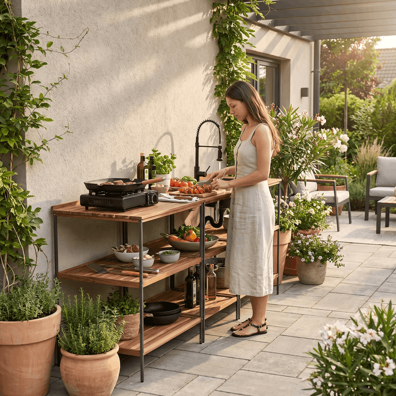 Casa si Gradina - Gradina si terasa - Mobilier exterior - Seturi mobila gradina - Bucatarie pentru gradina din 3 piese cu chiuveta, lemn de salcam, natural/gri, FLAVIA - Infinity.ro