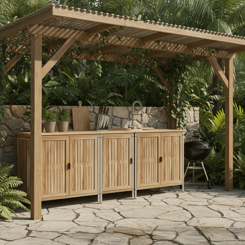 Casa si Gradina - Gradina si terasa - Mobilier exterior - Dulapuri si lazi depozitare exterior - Dulapior de bucatarie pentru gradina cu chiuveta, lemn de salcam, natural, ALIENA TYP 1 - Infinity.ro