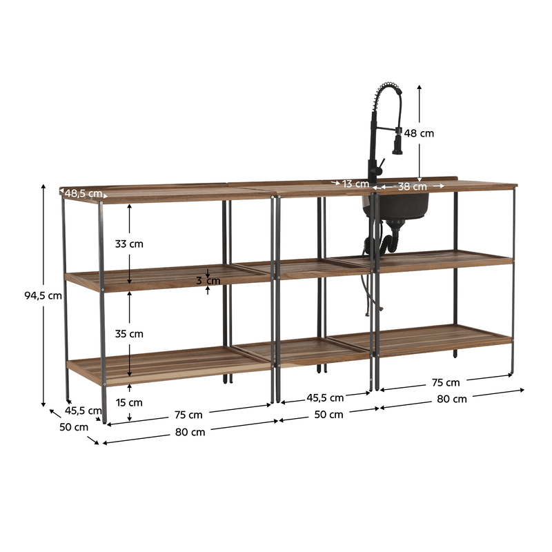 Casa si Gradina - Gradina si terasa - Mobilier exterior - Seturi mobila gradina - Bucatarie pentru gradina din 3 piese cu chiuveta, lemn de salcam, natural/gri, FLAVIA - Infinity.ro
