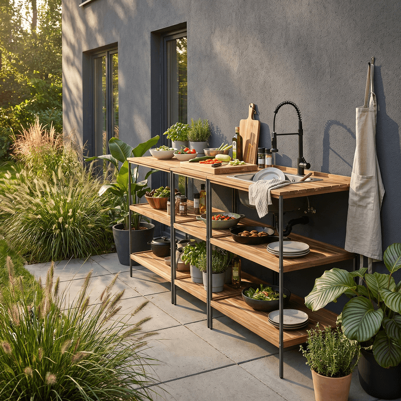 Casa si Gradina - Gradina si terasa - Mobilier exterior - Mese gradina - Insula de bucatarie pentru gradina cu chiuveta, lemn de salcam/gri, FLAVIA TYP 1 - Infinity.ro