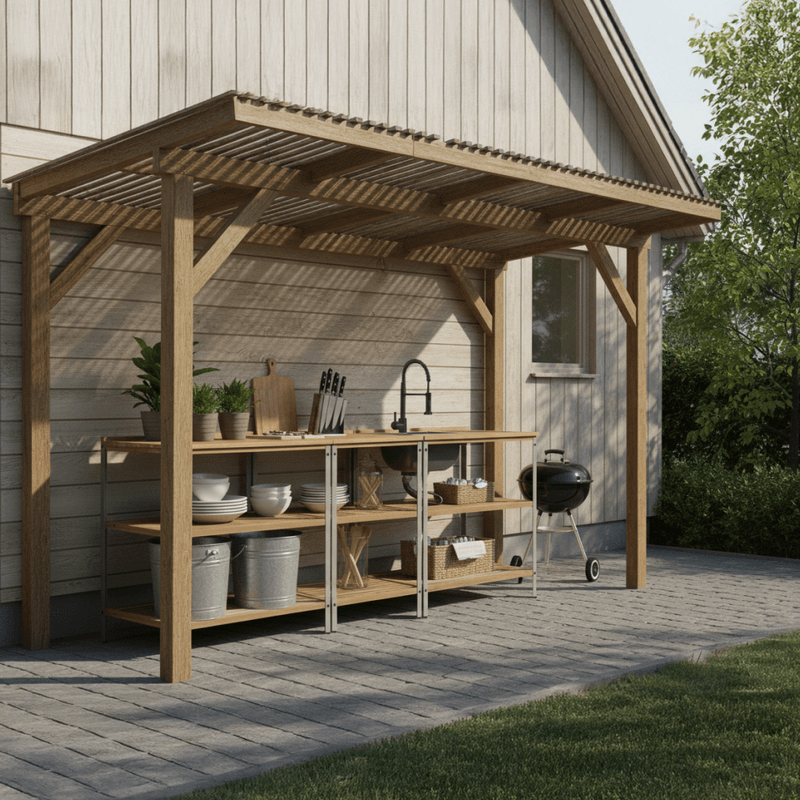 Casa si Gradina - Gradina si terasa - Mobilier exterior - Seturi mobila gradina - Bucatarie pentru gradina din 3 piese cu chiuveta, lemn de salcam, natural/gri, FLAVIA - Infinity.ro