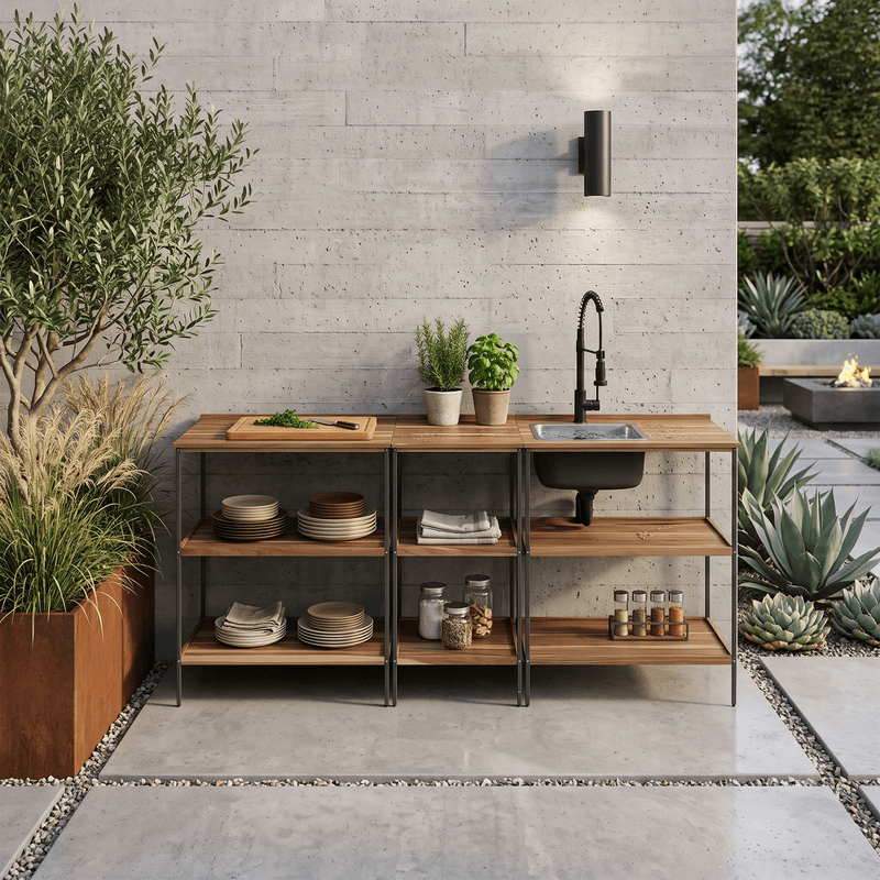 Casa si Gradina - Gradina si terasa - Mobilier exterior - Mese gradina - Insula de bucatarie pentru gradina cu chiuveta, lemn de salcam, naturala/gri, FLAVIA TYP 3 - Infinity.ro