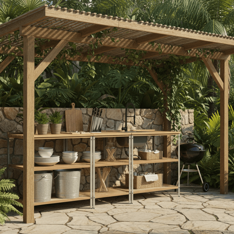 Casa si Gradina - Gradina si terasa - Mobilier exterior - Seturi mobila gradina - Bucatarie pentru gradina din 3 piese cu chiuveta, lemn de salcam, natural/gri, FLAVIA - Infinity.ro