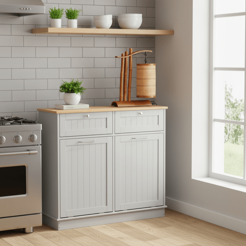 Casa si Gradina - Mobilier - Comode si corpuri - Corpuri bucatarie - Dulap basculant cu cos de gunoi, gri/bambus, DELINS TYP 2 - Infinity.ro