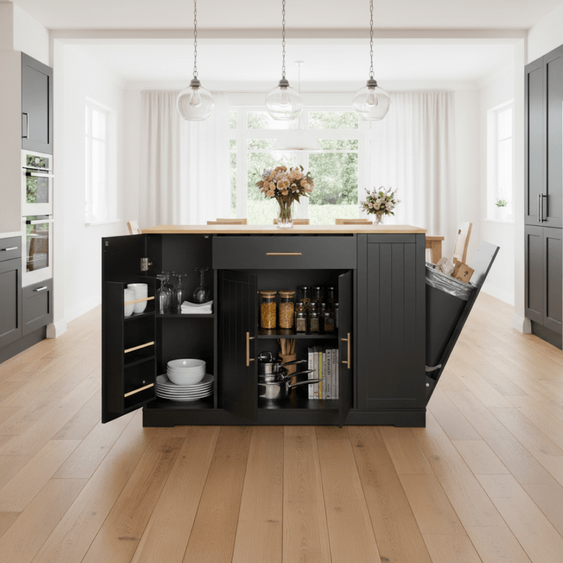 Casa si Gradina - Mobilier - Comode si corpuri - Corpuri bucatarie - Insula de bucatarie cu cos de gunoi, negru/stejar, TORIO - Infinity.ro