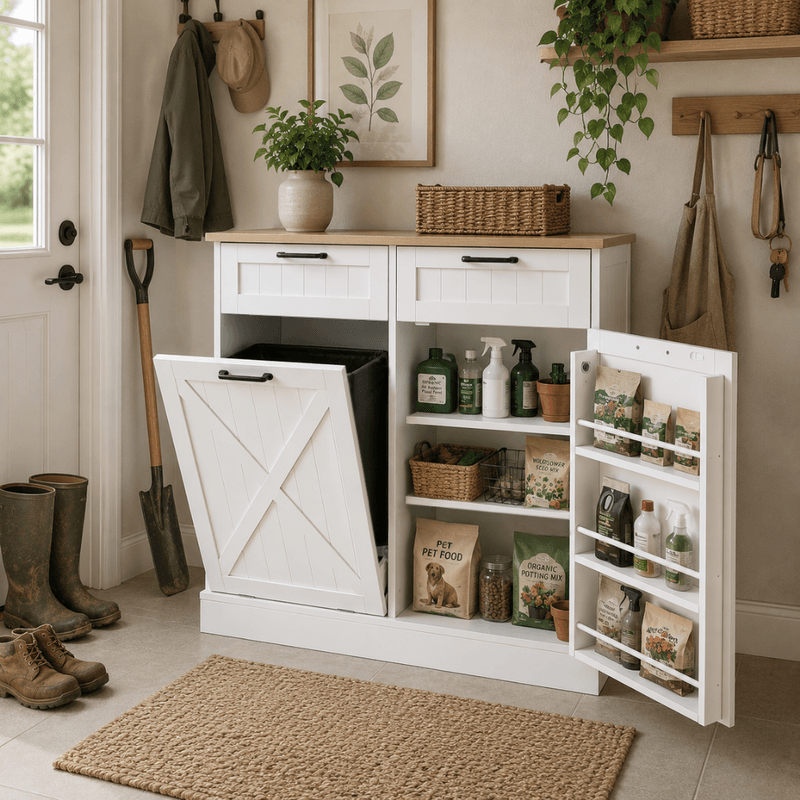 Casa si Gradina - Mobilier - Comode si corpuri - Corpuri bucatarie - Dulap cu deschidere basculanta cu cos de gunoi, alb/stejar, DENIO - Infinity.ro