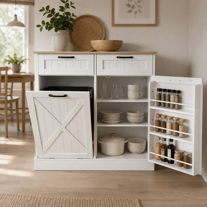 Casa si Gradina - Mobilier - Comode si corpuri - Corpuri bucatarie - Dulap cu deschidere basculanta cu cos de gunoi, alb/stejar, DENIO - Infinity.ro