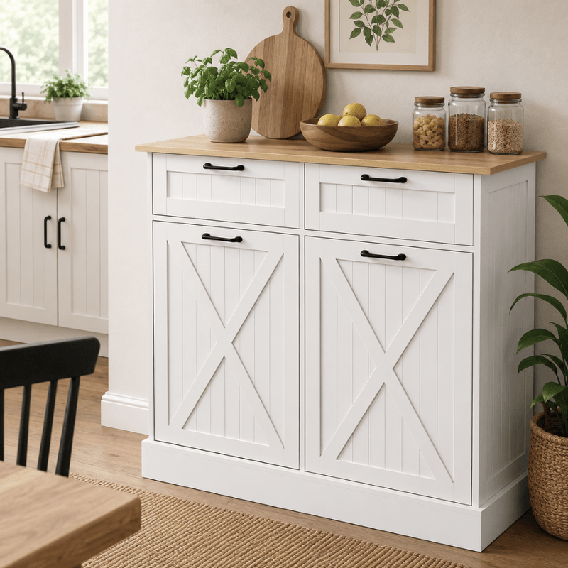 Casa si Gradina - Mobilier - Comode si corpuri - Corpuri bucatarie - Dulap cu deschidere basculanta cu cos de gunoi, alb/stejar, DENIO - Infinity.ro