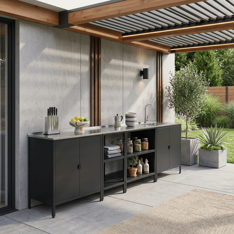 Casa si Gradina - Gradina si terasa - Mobilier exterior - Seturi mobila gradina - Mobilier de bucatarie de gradina cu 4 piese, chiuveta, negru, otel, INES - Infinity.ro