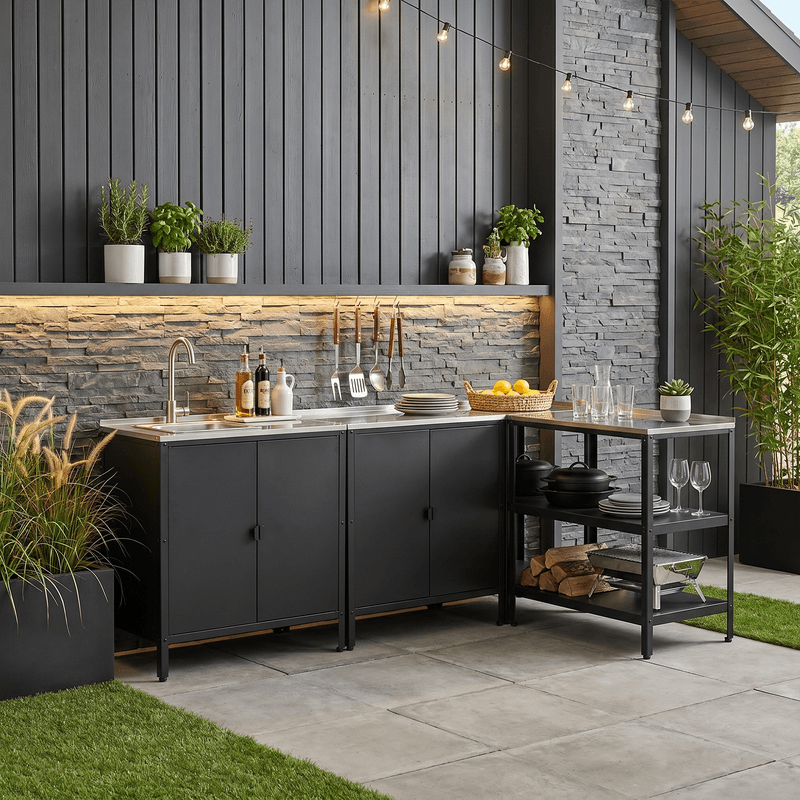Casa si Gradina - Gradina si terasa - Mobilier exterior - Seturi mobila gradina - Mobilier de bucatarie de gradina cu 4 piese, chiuveta, negru, otel, INES - Infinity.ro