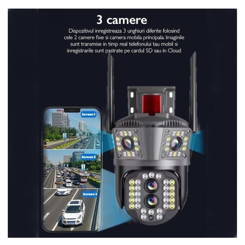 Casa si Gradina - Electrice - Smart Home - Camere de supraveghere - Camera de Supraveghere Tripla 4K Wi-Fi, Zoom 10x, PTZ, Detectare Umana, Auto Tracking, IP66 - Infinity.ro