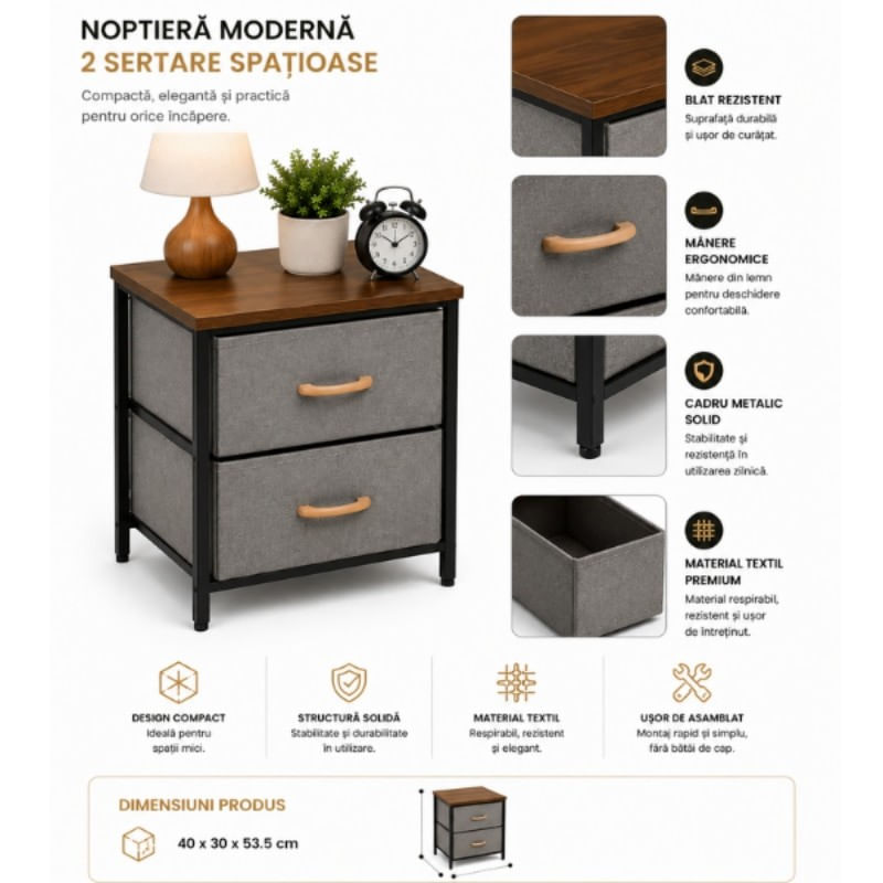 Casa si Gradina - Mobilier - Comode si corpuri - Noptiere - Noptiera 2 Etajere cu Sertare Textil, Lemn & Metal - 40x30x53.5 cm - Infinity.ro