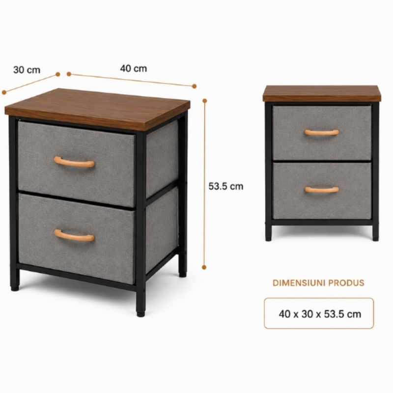 Casa si Gradina - Mobilier - Comode si corpuri - Noptiere - Noptiera 2 Etajere cu Sertare Textil, Lemn & Metal - 40x30x53.5 cm - Infinity.ro