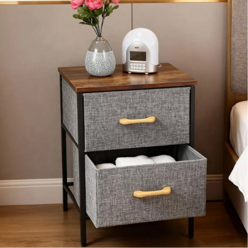 Casa si Gradina - Mobilier - Comode si corpuri - Noptiere - Noptiera 2 Etajere cu Sertare Textil, Lemn & Metal - 40x30x53.5 cm - Infinity.ro