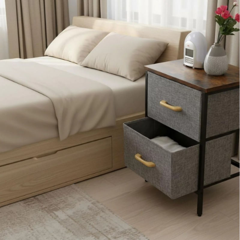Casa si Gradina - Mobilier - Comode si corpuri - Noptiere - Noptiera 2 Etajere cu Sertare Textil, Lemn & Metal - 40x30x53.5 cm - Infinity.ro