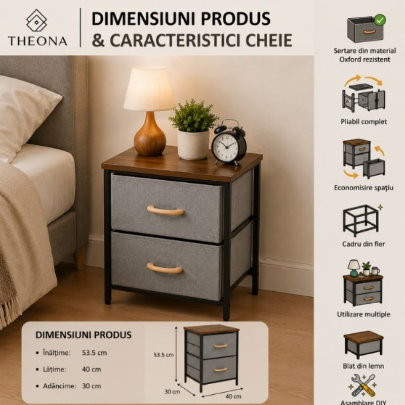 Casa si Gradina - Mobilier - Comode si corpuri - Noptiere - Noptiera 2 Etajere cu Sertare Textil, Lemn & Metal - 40x30x53.5 cm - Infinity.ro