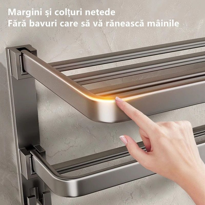 Casa si Gradina - Sanitare - Suporturi si accesorii baie - Suporturi baie - Suport pentru prosoape de baie, pliabil, otel/ABS, cu carlige, 50x24x17,5cm, rezistent la umiditate, instalare flexibila, gri - Infinity.ro