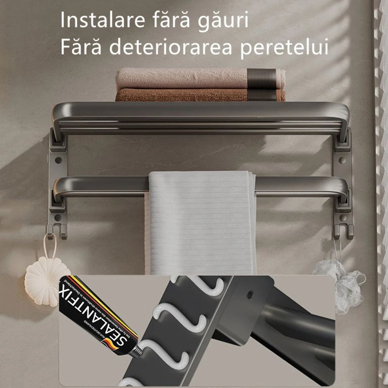 Casa si Gradina - Sanitare - Suporturi si accesorii baie - Suporturi baie - Suport pentru prosoape de baie, pliabil, otel/ABS, cu carlige, 50x24x17,5cm, rezistent la umiditate, instalare flexibila, gri - Infinity.ro
