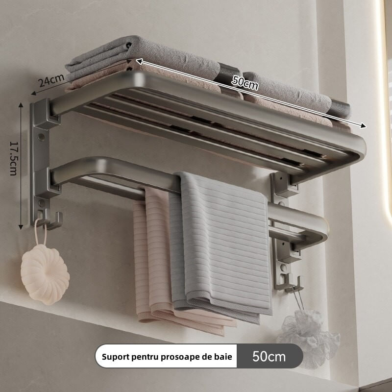 Casa si Gradina - Sanitare - Suporturi si accesorii baie - Suporturi baie - Suport pentru prosoape de baie, pliabil, otel/ABS, cu carlige, 50x24x17,5cm, rezistent la umiditate, instalare flexibila, gri - Infinity.ro