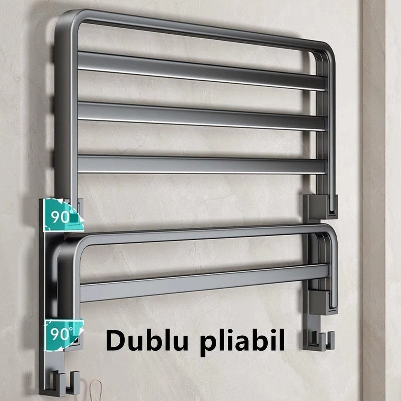 Casa si Gradina - Sanitare - Suporturi si accesorii baie - Suporturi baie - Suport pentru prosoape de baie, pliabil, otel/ABS, cu carlige, 50x24x17,5cm, rezistent la umiditate, instalare flexibila, gri - Infinity.ro