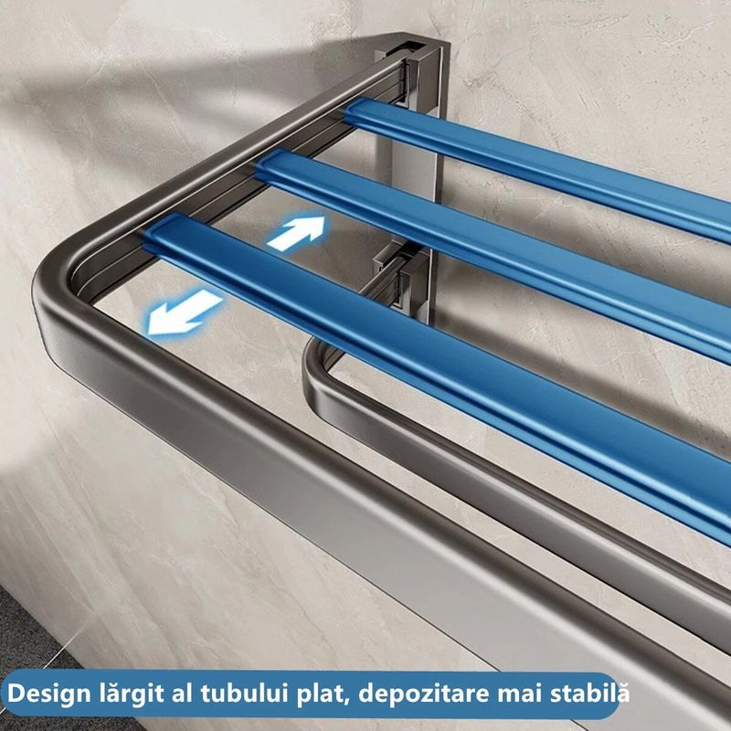 Casa si Gradina - Sanitare - Suporturi si accesorii baie - Suporturi baie - Suport pentru prosoape de baie, pliabil, otel/ABS, cu carlige, 50x24x17,5cm, rezistent la umiditate, instalare flexibila, gri - Infinity.ro