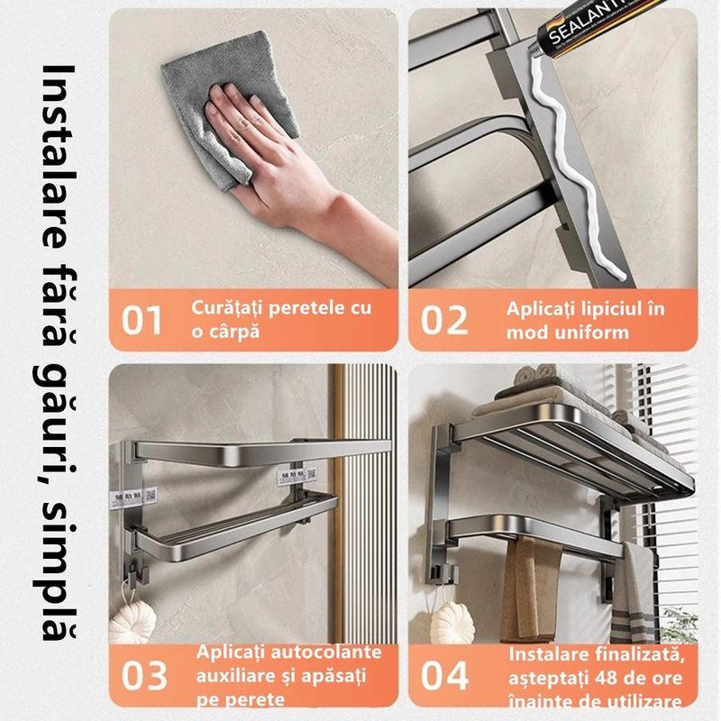 Casa si Gradina - Sanitare - Suporturi si accesorii baie - Suporturi baie - Suport pentru prosoape de baie, pliabil, otel/ABS, cu carlige, 50x24x17,5cm, rezistent la umiditate, instalare flexibila, gri - Infinity.ro
