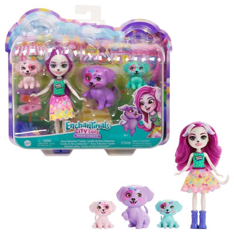 Jucarii, Copii si Bebe - Jucarii si jocuri - Papusi si accesorii - Papusi - Enchantimals City Tails Main Street familia Dessei Dalmatian - Infinity.ro