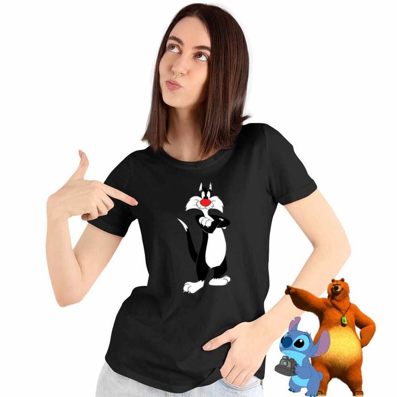 Fashion, accesorii si bijuterii - Femei - Imbracaminte femei - Tricouri si topuri femei - Tricou Femei Tweety Motanul Sylvester, negru, marime M - Infinity.ro