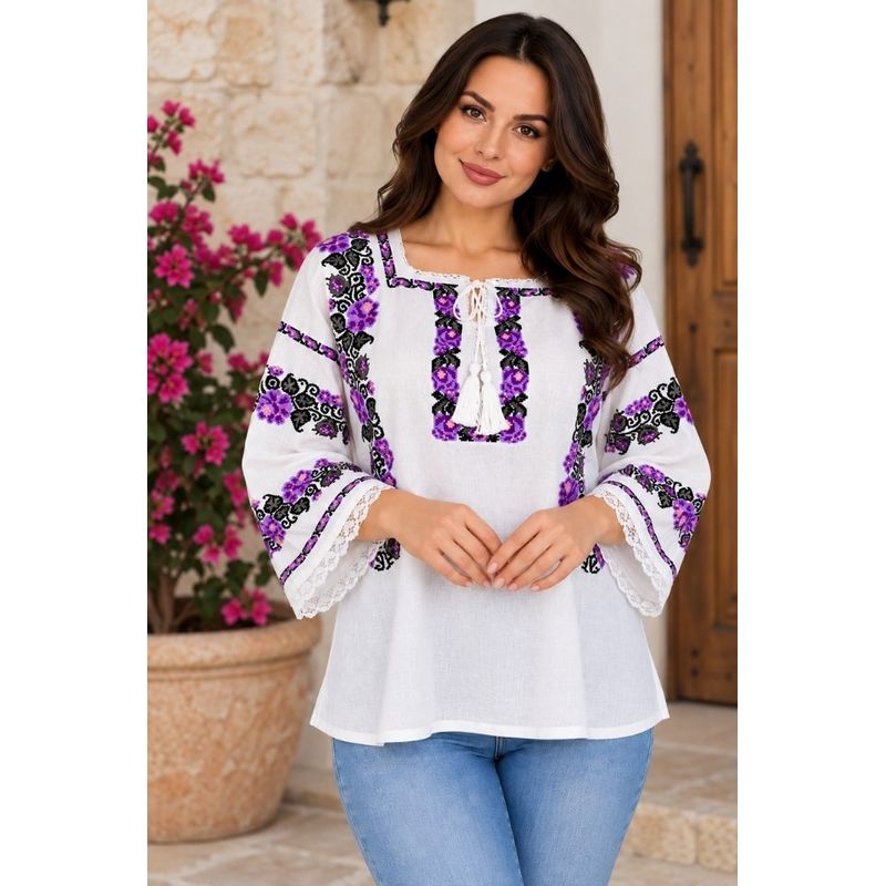 Fashion, accesorii si bijuterii - Femei - Imbracaminte femei - Camasi si bluze femei - Bluza dama SE26F alb/mov marimea S - Infinity.ro
