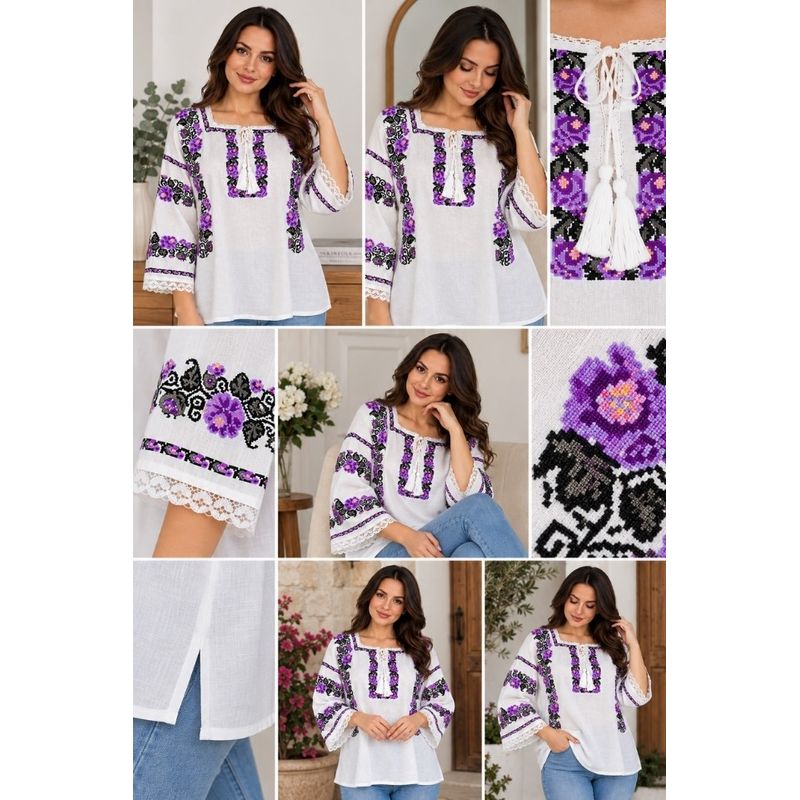 Fashion, accesorii si bijuterii - Femei - Imbracaminte femei - Camasi si bluze femei - Bluza dama SE26F alb/mov marimea S - Infinity.ro