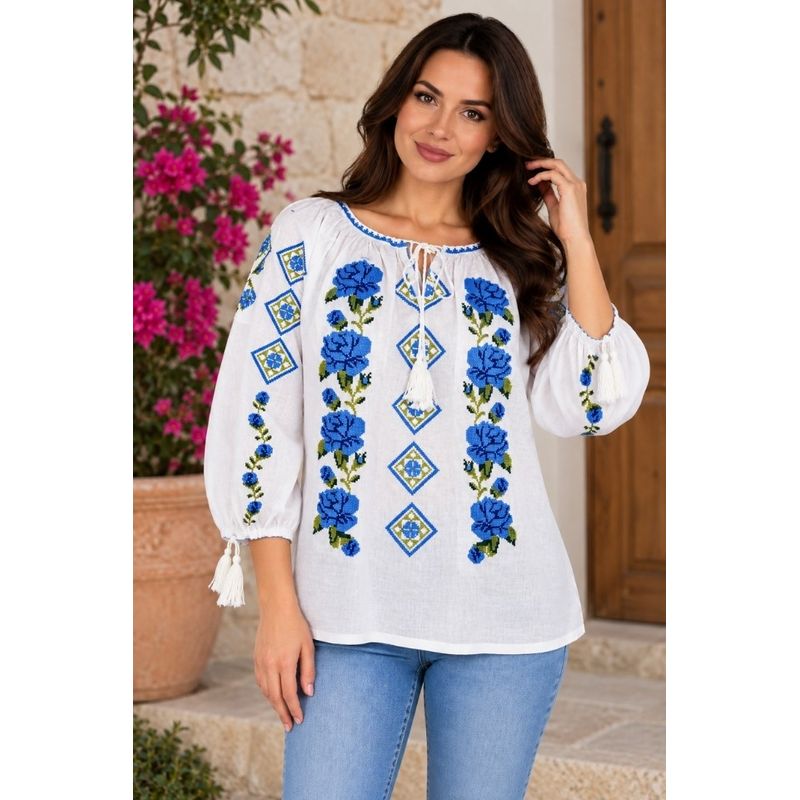 Fashion, accesorii si bijuterii - Femei - Imbracaminte femei - Camasi si bluze femei - Bluza dama SE26F alb/albastru marimea S - Infinity.ro