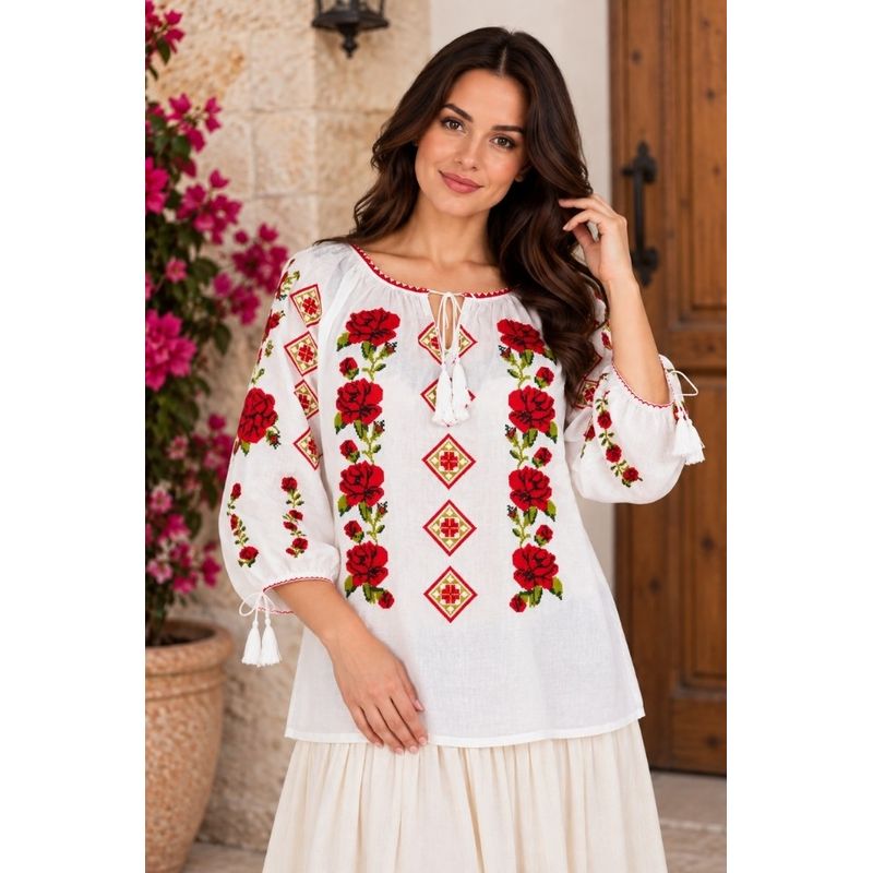 Fashion, accesorii si bijuterii - Femei - Imbracaminte femei - Camasi si bluze femei - Bluza dama SE26F alb/rosu marimea S - Infinity.ro
