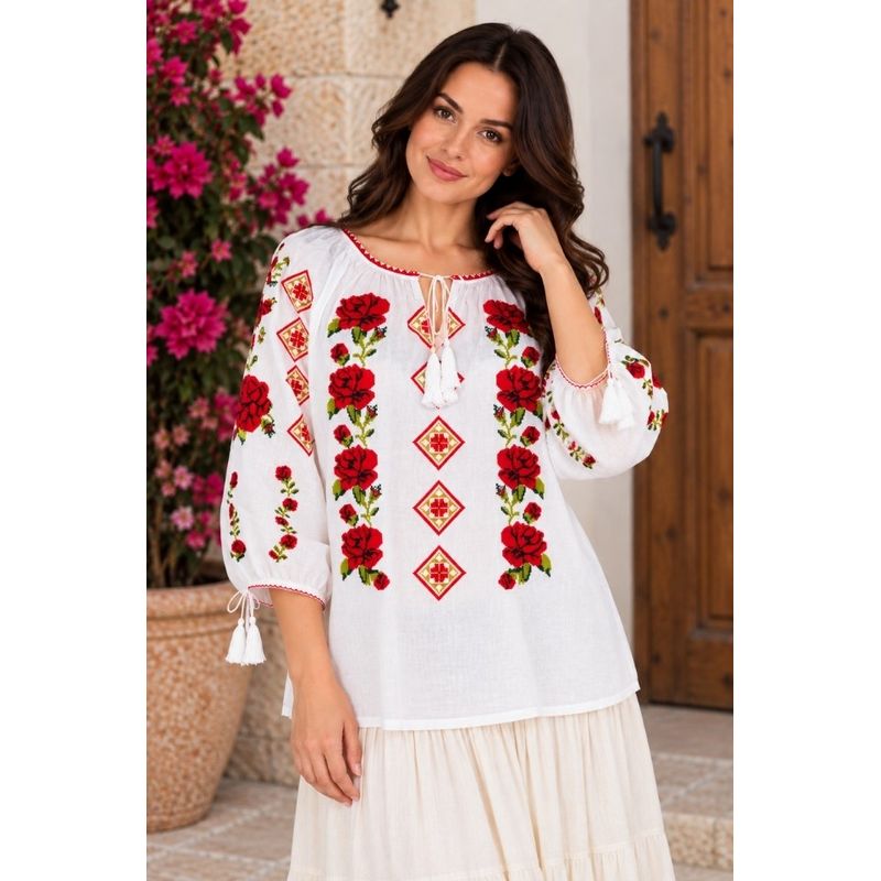 Fashion, accesorii si bijuterii - Femei - Imbracaminte femei - Camasi si bluze femei - Bluza dama SE26F alb/rosu marimea S - Infinity.ro