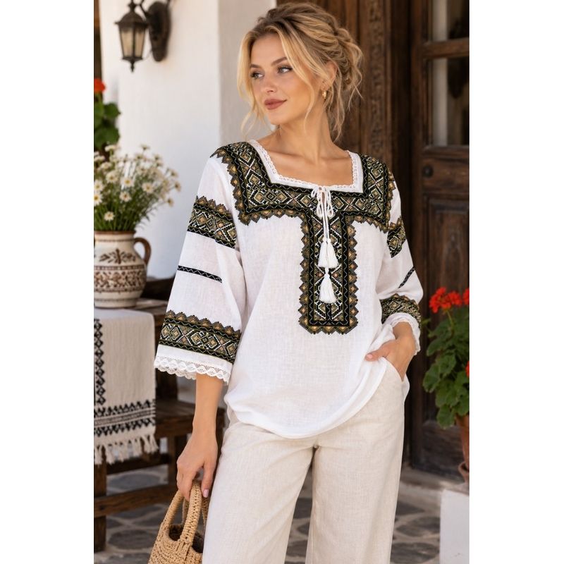 Fashion, accesorii si bijuterii - Femei - Imbracaminte femei - Camasi si bluze femei - Bluza dama SE26F alb/bej marimea S - Infinity.ro