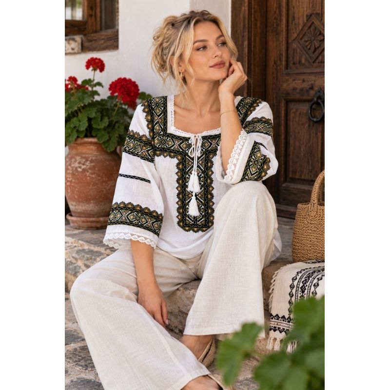 Fashion, accesorii si bijuterii - Femei - Imbracaminte femei - Camasi si bluze femei - Bluza dama SE26F alb/bej marimea S - Infinity.ro