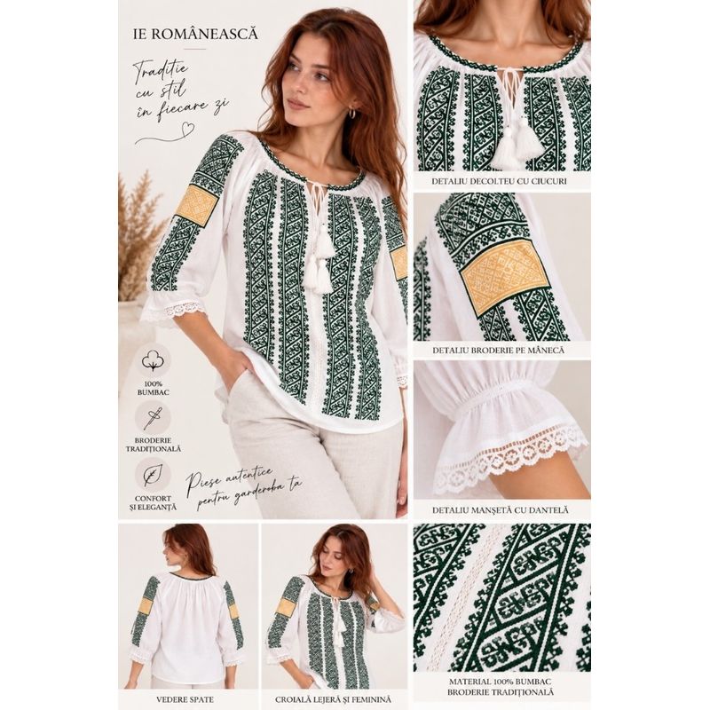 Fashion, accesorii si bijuterii - Femei - Imbracaminte femei - Camasi si bluze femei - Bluza dama SE26F alb/verde marimea S - Infinity.ro