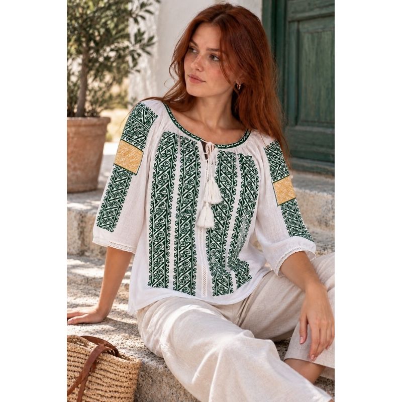Fashion, accesorii si bijuterii - Femei - Imbracaminte femei - Camasi si bluze femei - Bluza dama SE26F alb/verde marimea S - Infinity.ro