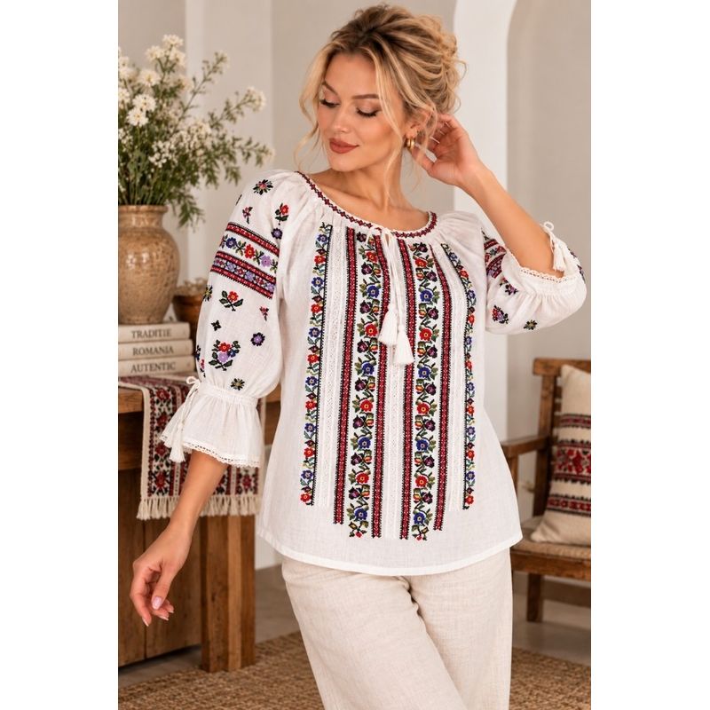 Fashion, accesorii si bijuterii - Femei - Imbracaminte femei - Camasi si bluze femei - Bluza dama SE26F alb/olive marimea S - Infinity.ro
