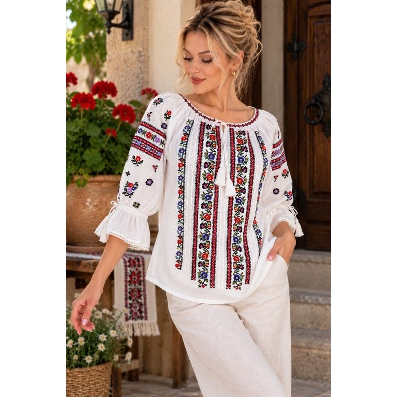 Fashion, accesorii si bijuterii - Femei - Imbracaminte femei - Camasi si bluze femei - Bluza dama SE26F alb/olive marimea S - Infinity.ro