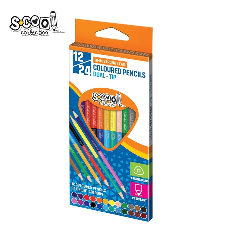 Carti si Birotica - Birotica - Instrumente de scris - Creioane - Set 12 Creioane Colorate cu 2 Capete S-COOL (24 Culori), Corp Triunghiular Ergonomic din Lemn, Mina Pigmentata 3 mm - Infinity.ro