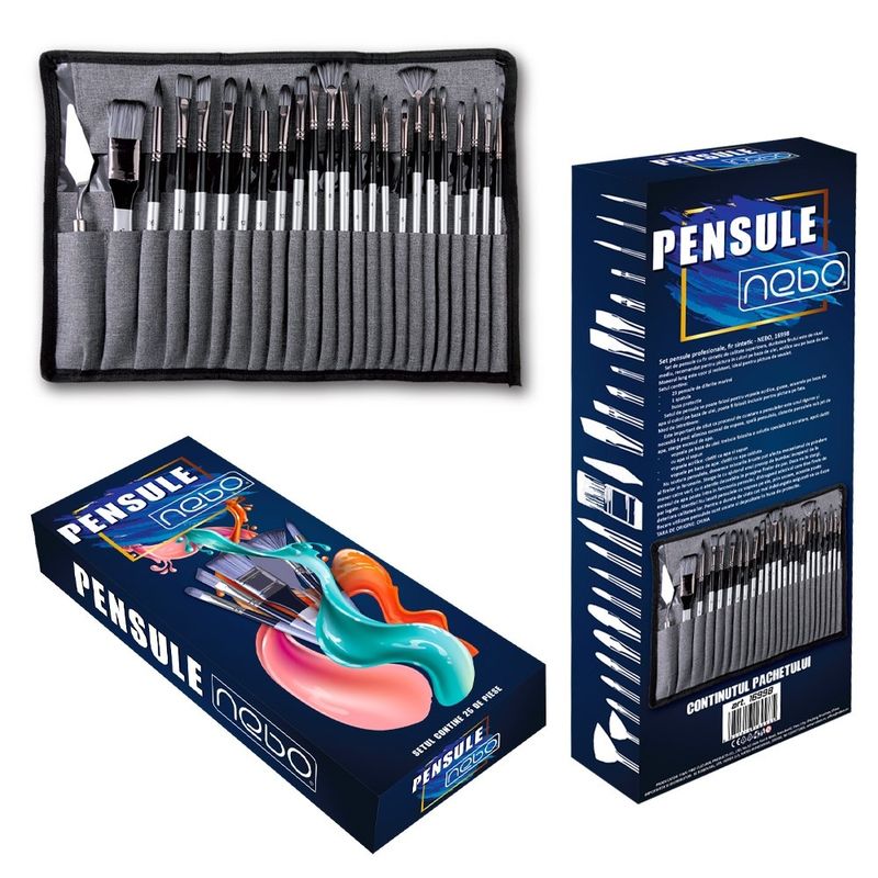 Carti si Birotica - Rechizite - Pictura si desen - Pensule si accesorii pictura - Set 23 Pensule Profesionale Pictura NEBO cu Spatula si Husa Protectie, pentru Ulei, Acrilic si Acuarela - Infinity.ro