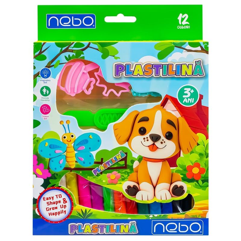 Carti si Birotica - Rechizite - Plastilina - Set Plastilina 12 Culori x 12g cu Accesorii NEBO, 3 Forme Decupaj, Mini Sucitor si Cutitas Sigur - Infinity.ro