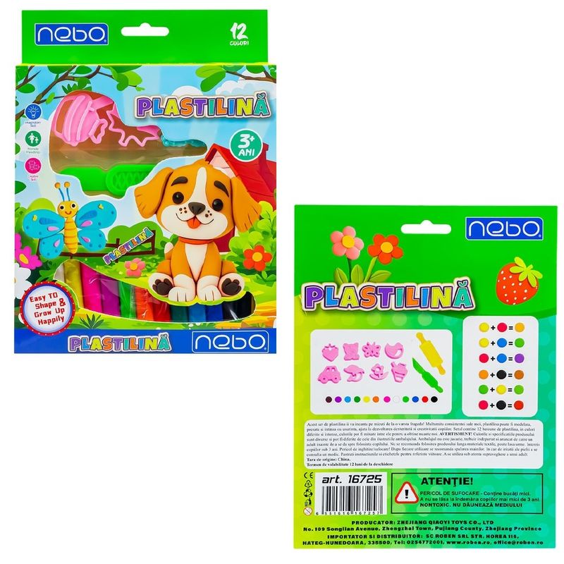 Carti si Birotica - Rechizite - Plastilina - Set Plastilina 12 Culori x 12g cu Accesorii NEBO, 3 Forme Decupaj, Mini Sucitor si Cutitas Sigur - Infinity.ro