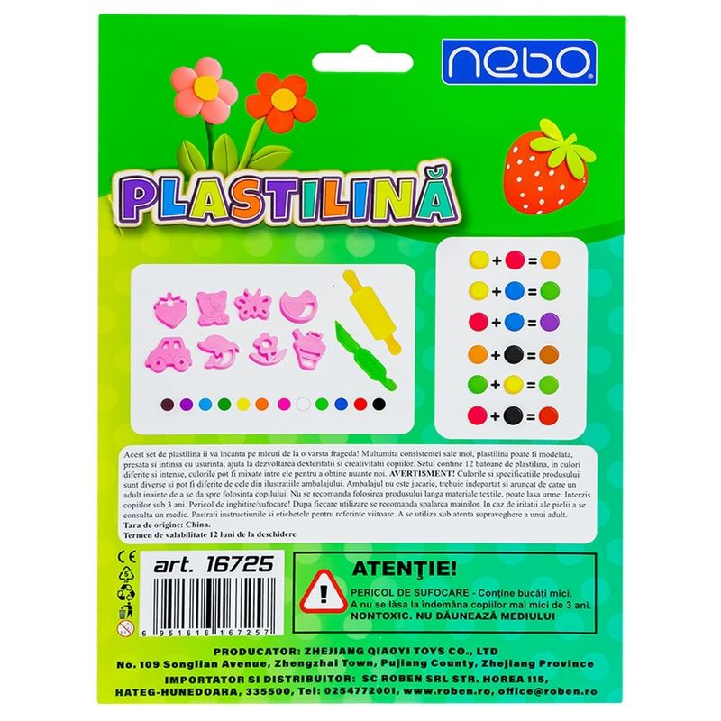 Carti si Birotica - Rechizite - Plastilina - Set Plastilina 12 Culori x 12g cu Accesorii NEBO, 3 Forme Decupaj, Mini Sucitor si Cutitas Sigur - Infinity.ro