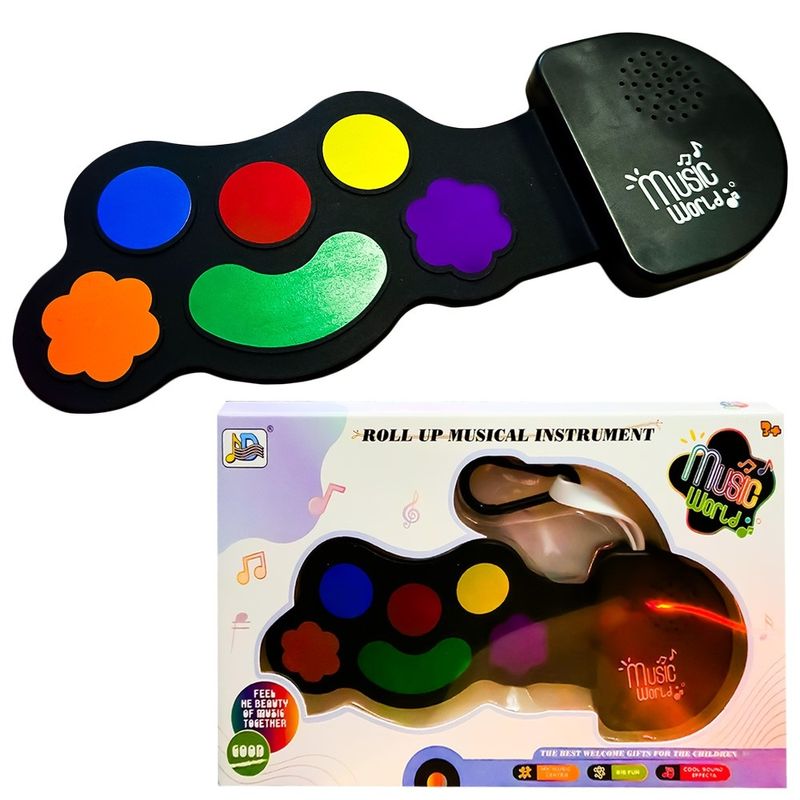 Jucarii, Copii si Bebe - Jucarii si jocuri - Jucarii de rol - Instrumente muzicale de jucarie - Mini Tobita Interactiva pentru Copii cu Baterie, Covoras Flexibil din Cauciuc cu 6 Sunete de Percutie - Infinity.ro